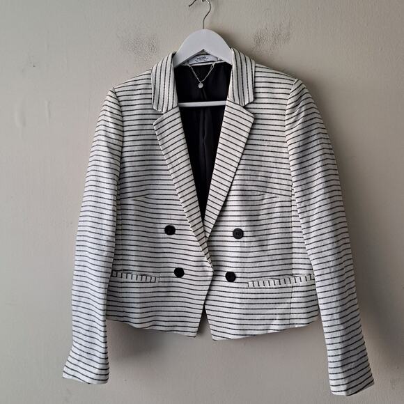 Mango Striped Blazer Jacket Linen Blend Work Office Natural White Womens Size M - Picture 6 of 14